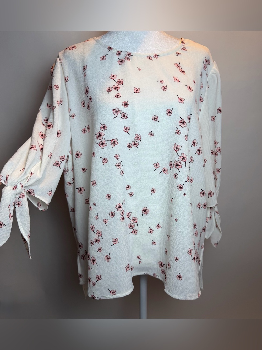 CeCe Cream Blouse with Pink Floral Print and Tie Sleeves